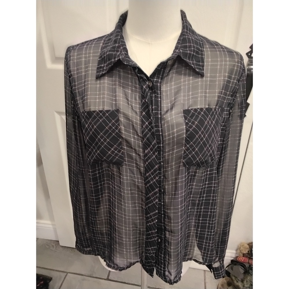 Wild Blue Sadie Robertson Sheer Plaid Button Down Shirt Black White Grid Medium